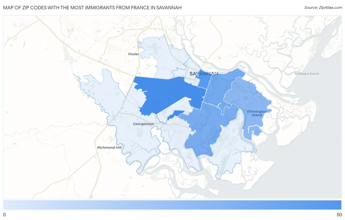Zip Codes with the Most Immigrants from France in Savannah Map