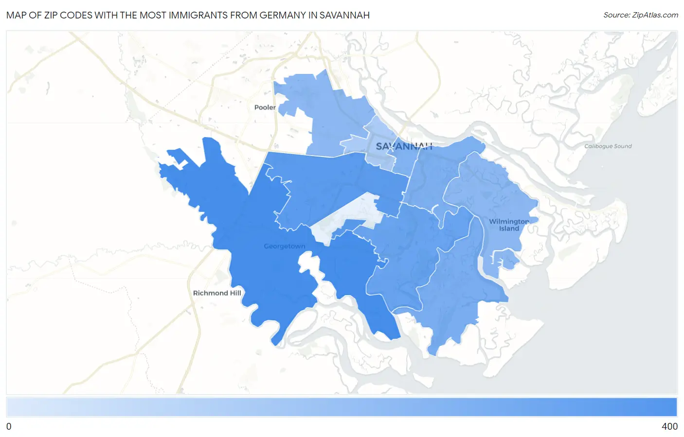 Zip Codes with the Most Immigrants from Germany in Savannah Map