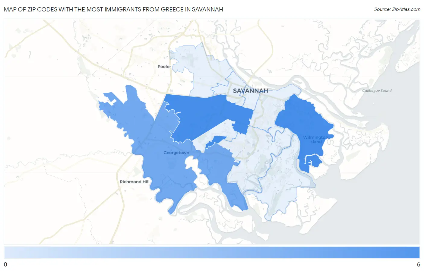 Zip Codes with the Most Immigrants from Greece in Savannah Map