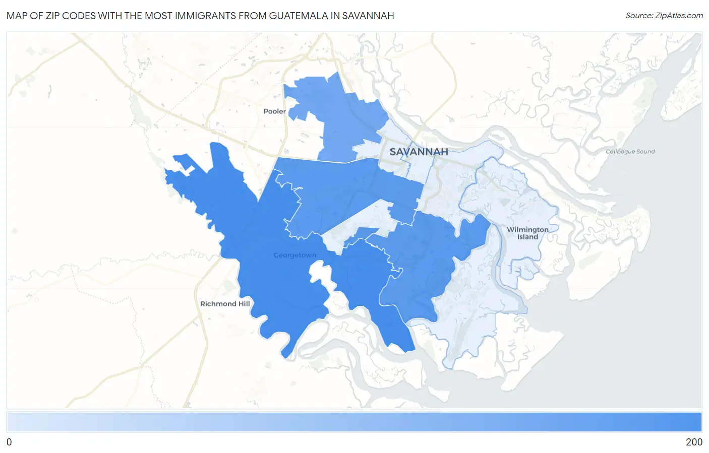 Zip Codes with the Most Immigrants from Guatemala in Savannah Map
