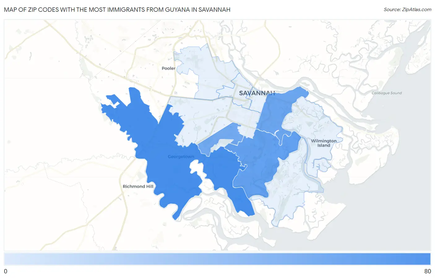 Zip Codes with the Most Immigrants from Guyana in Savannah Map