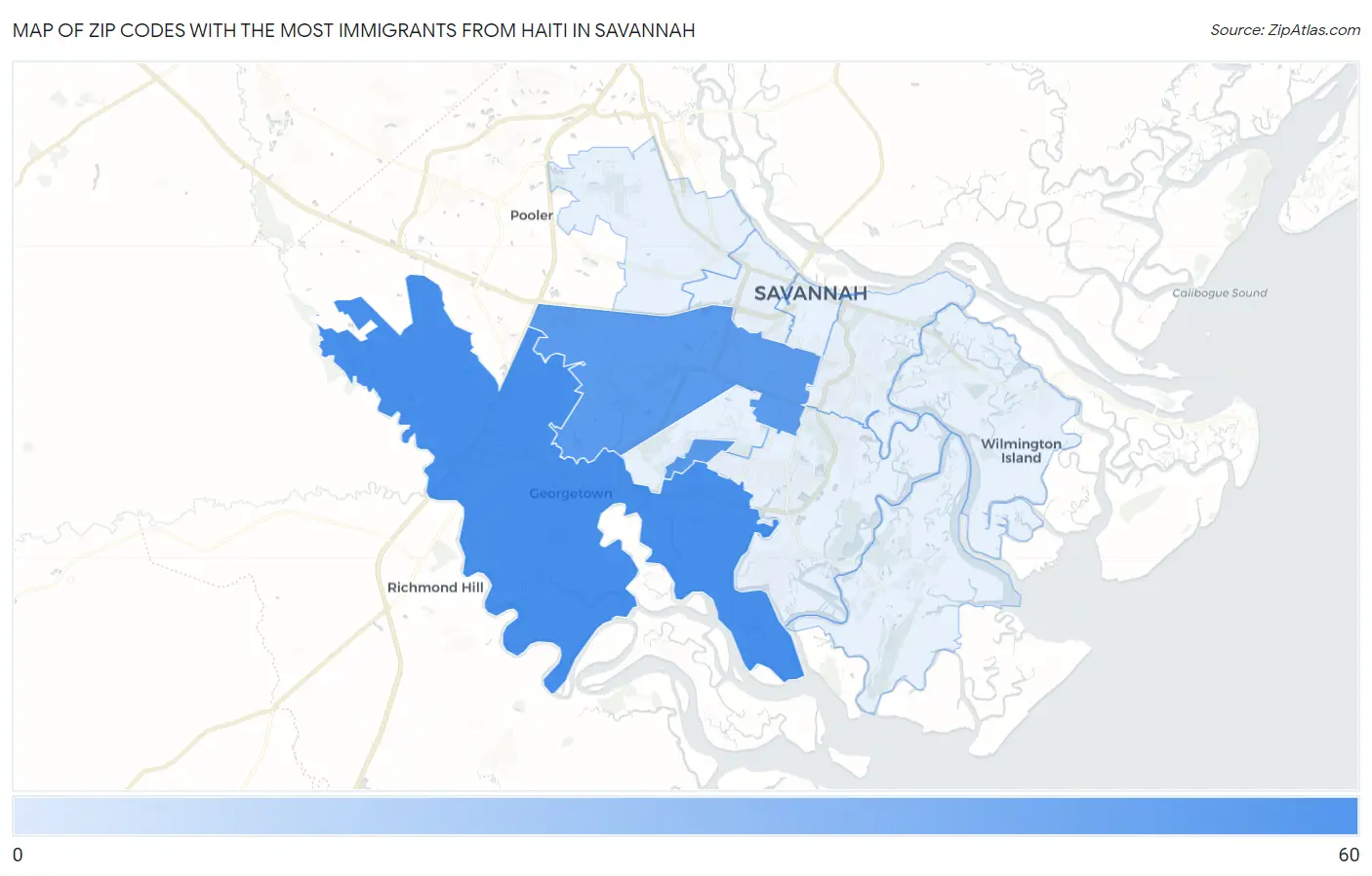 Zip Codes with the Most Immigrants from Haiti in Savannah Map