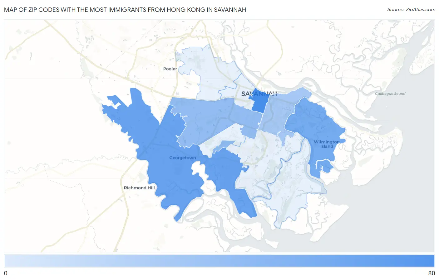 Zip Codes with the Most Immigrants from Hong Kong in Savannah Map