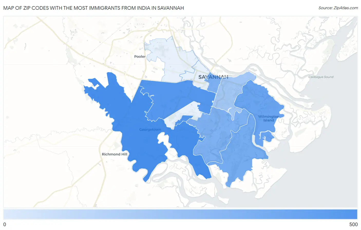 Zip Codes with the Most Immigrants from India in Savannah Map