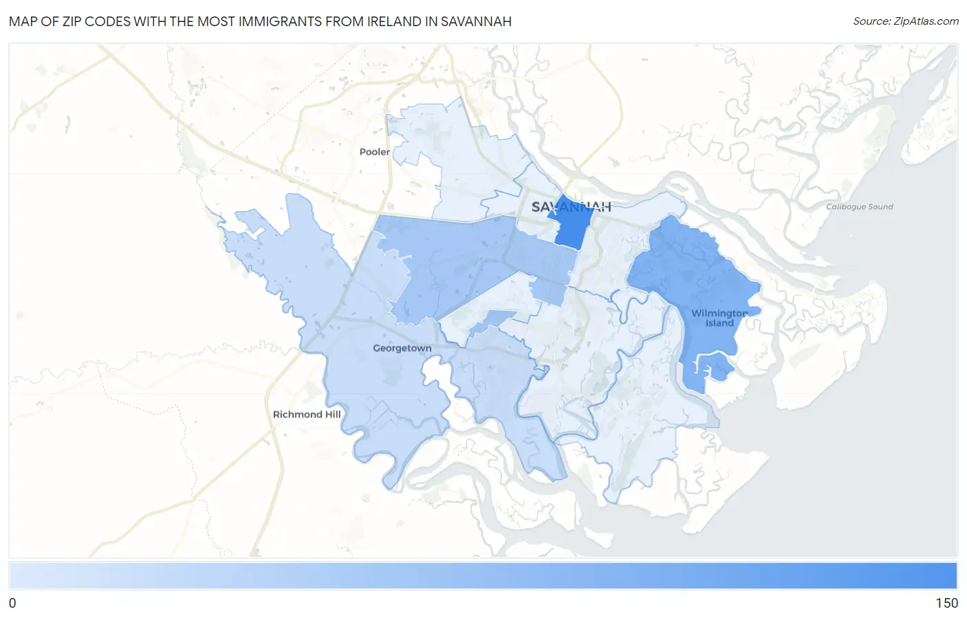 Zip Codes with the Most Immigrants from Ireland in Savannah Map