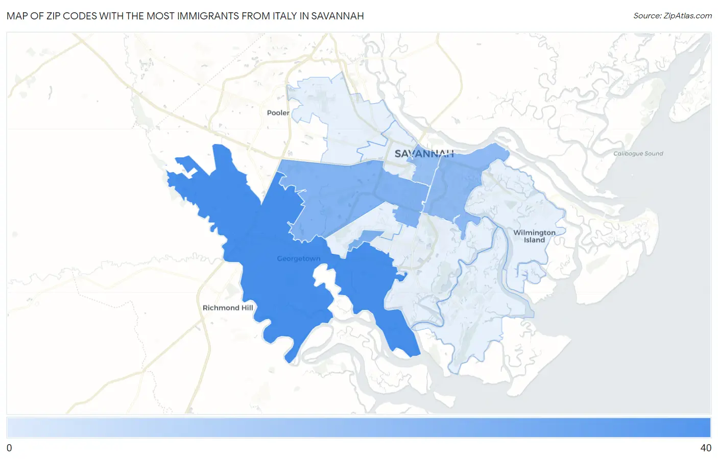 Zip Codes with the Most Immigrants from Italy in Savannah Map