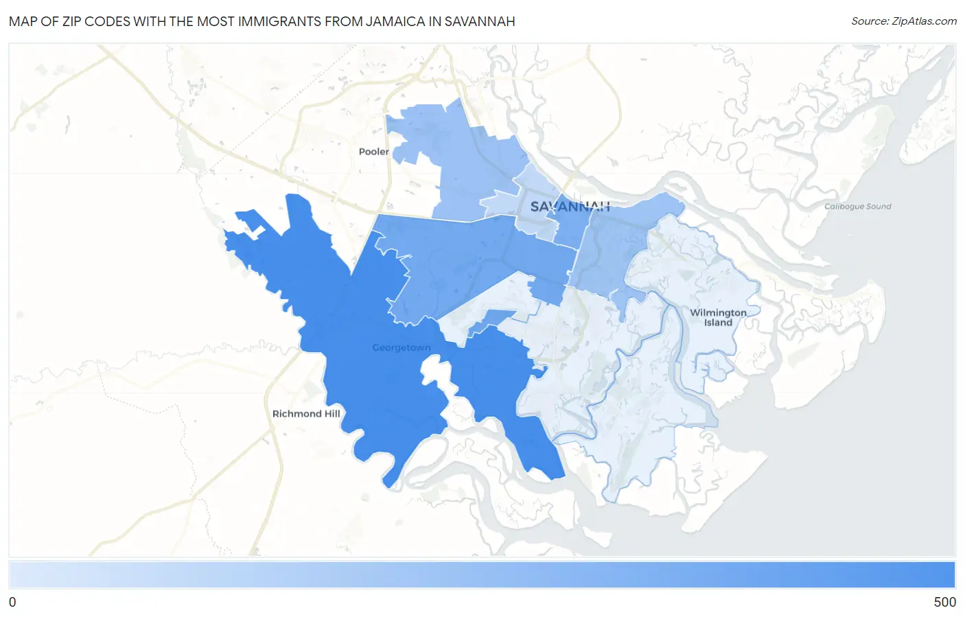 Zip Codes with the Most Immigrants from Jamaica in Savannah Map