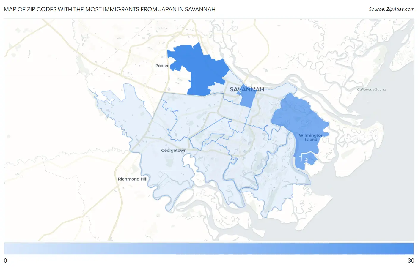 Zip Codes with the Most Immigrants from Japan in Savannah Map