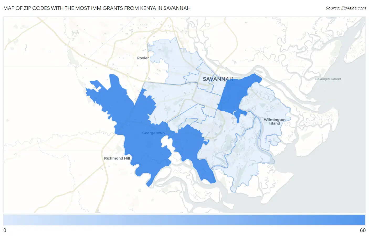 Zip Codes with the Most Immigrants from Kenya in Savannah Map