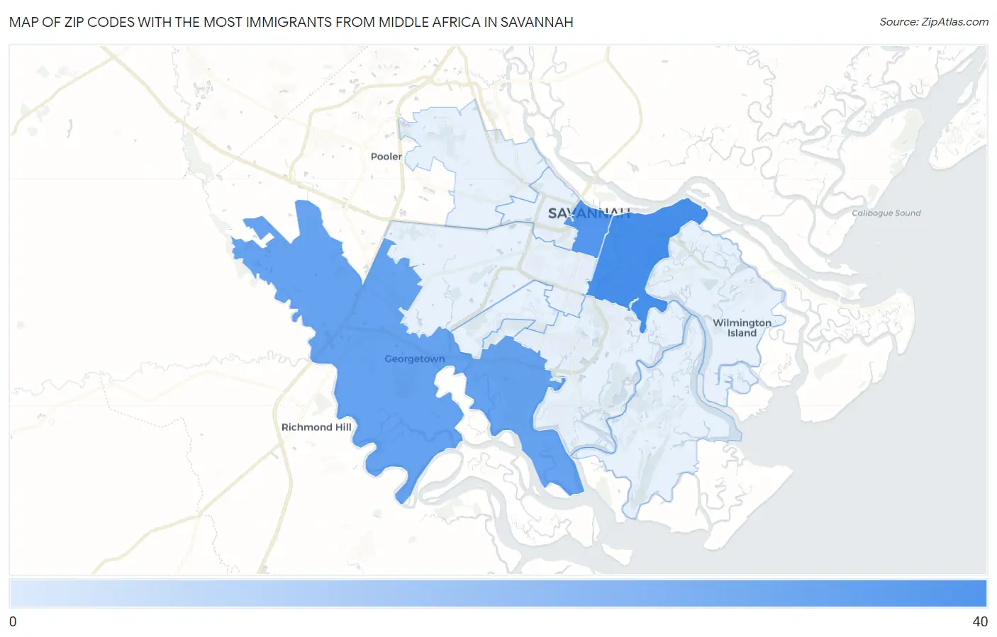 Zip Codes with the Most Immigrants from Middle Africa in Savannah Map