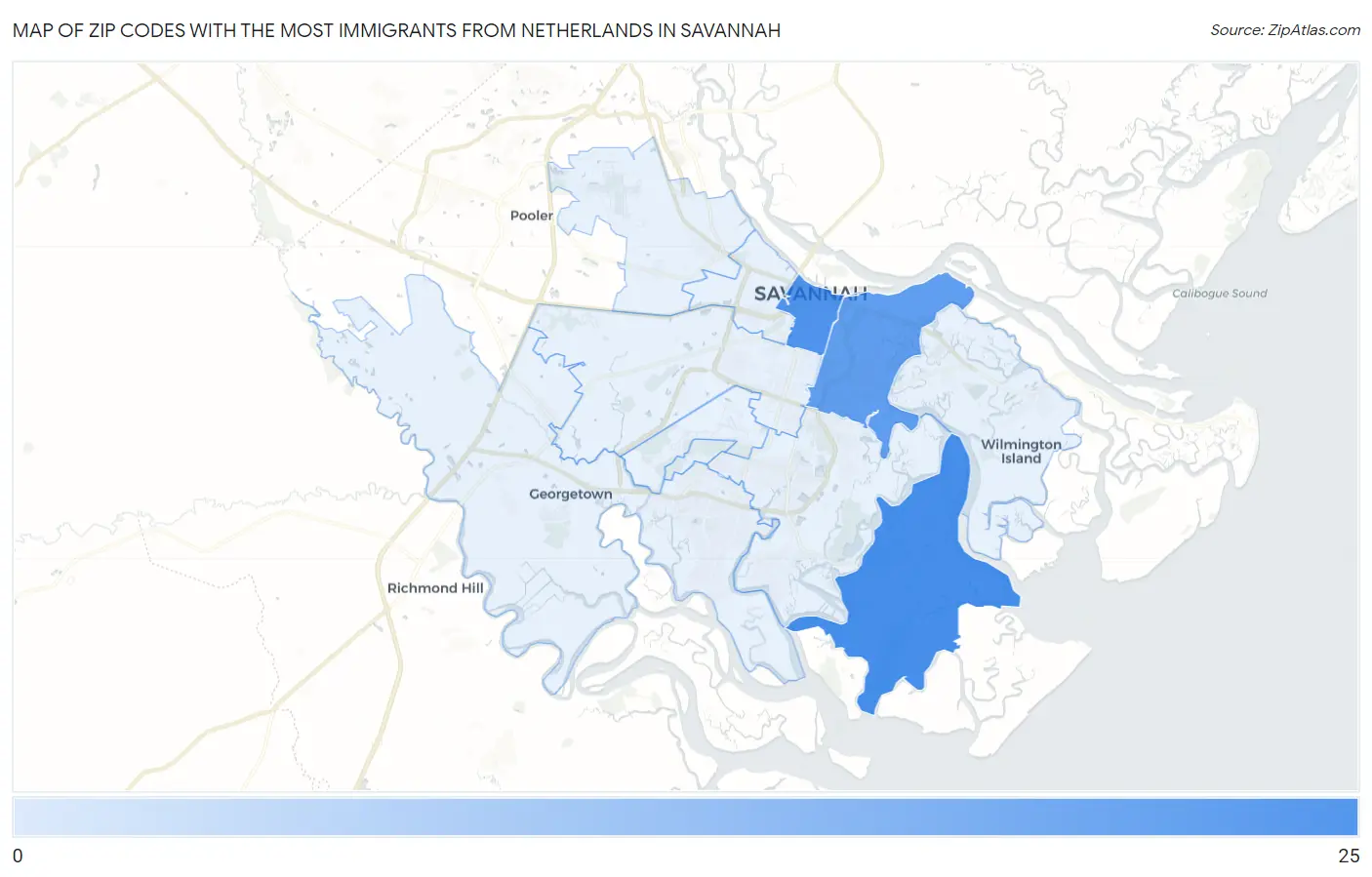 Zip Codes with the Most Immigrants from Netherlands in Savannah Map
