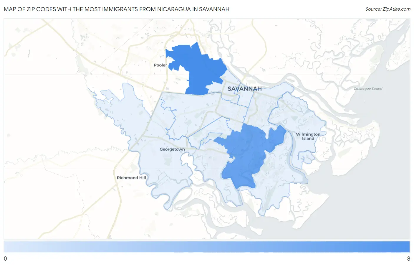 Zip Codes with the Most Immigrants from Nicaragua in Savannah Map