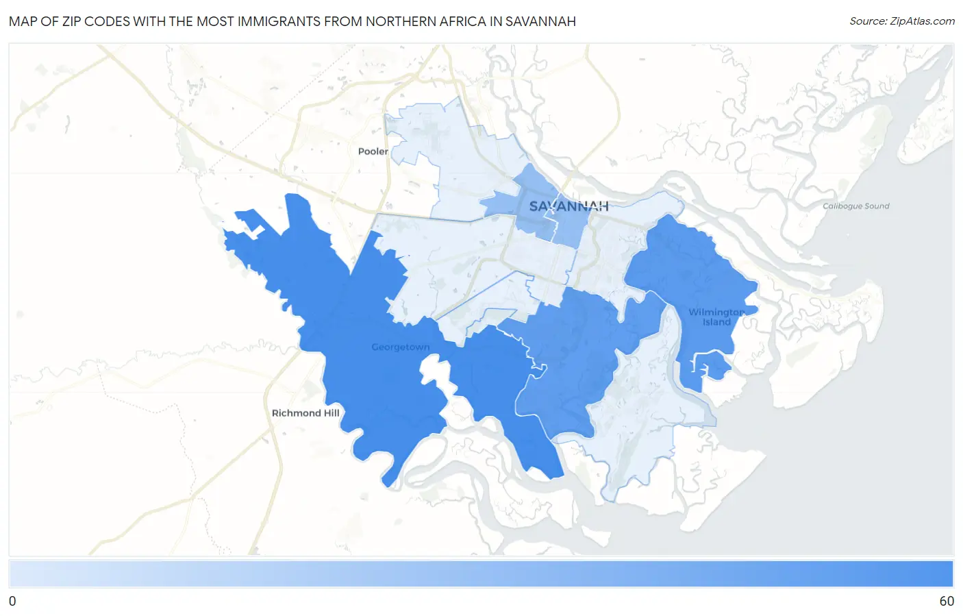 Zip Codes with the Most Immigrants from Northern Africa in Savannah Map