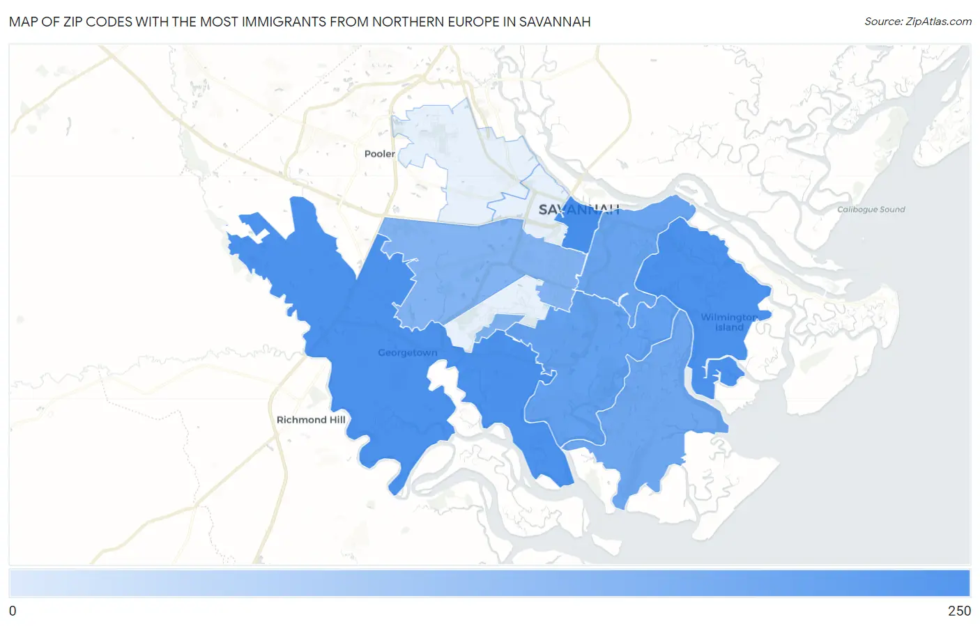Zip Codes with the Most Immigrants from Northern Europe in Savannah Map