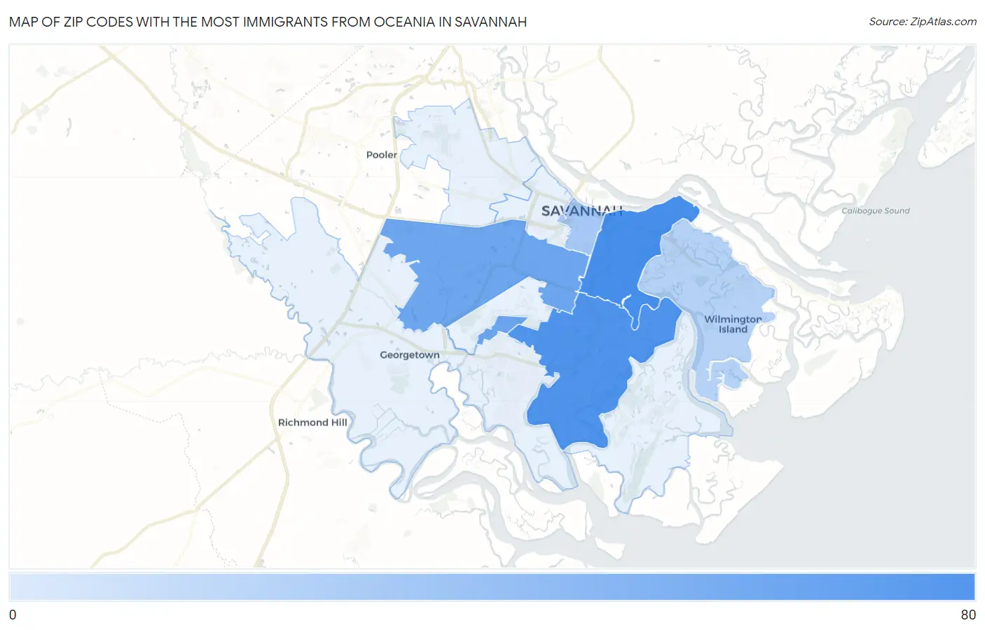 Zip Codes with the Most Immigrants from Oceania in Savannah Map