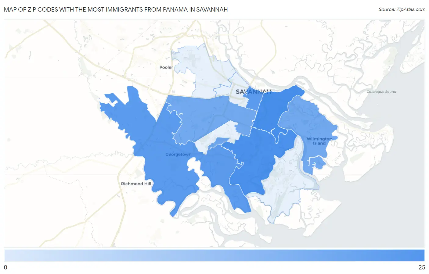 Zip Codes with the Most Immigrants from Panama in Savannah Map