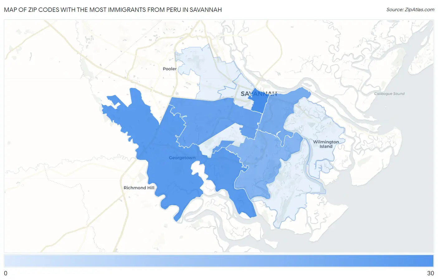 Zip Codes with the Most Immigrants from Peru in Savannah Map