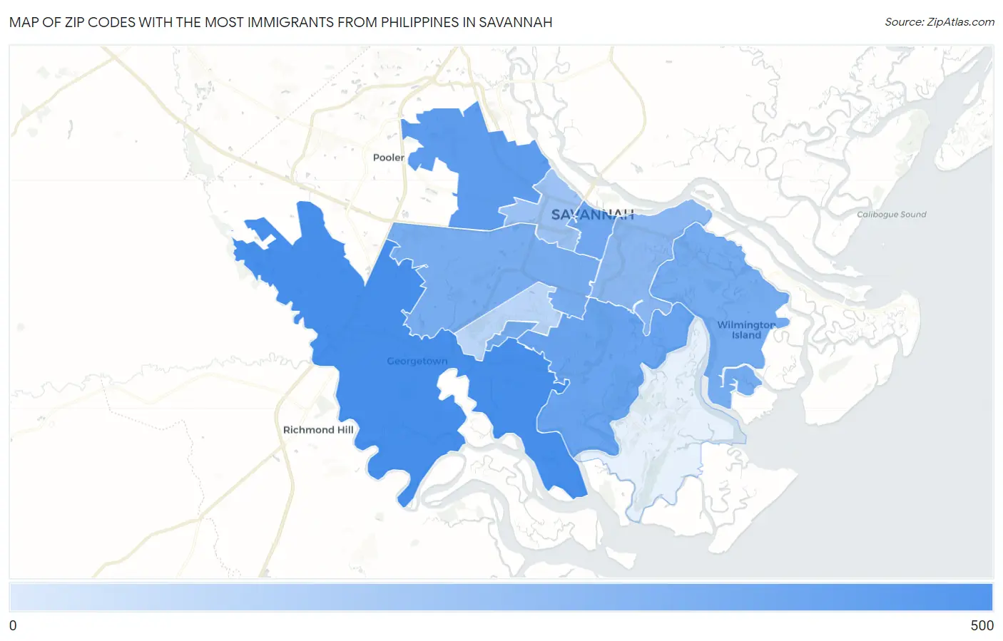 Zip Codes with the Most Immigrants from Philippines in Savannah Map