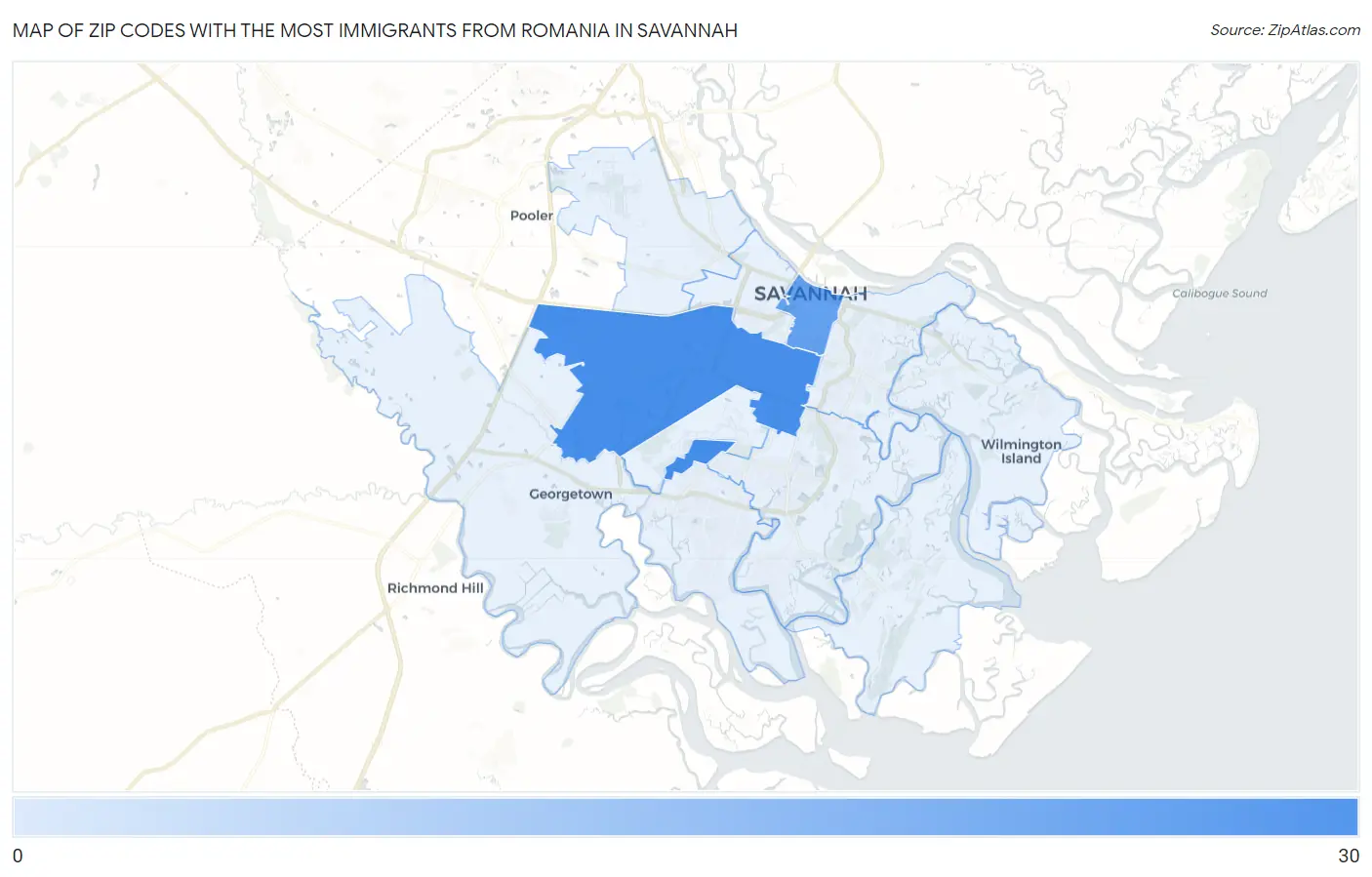 Zip Codes with the Most Immigrants from Romania in Savannah Map