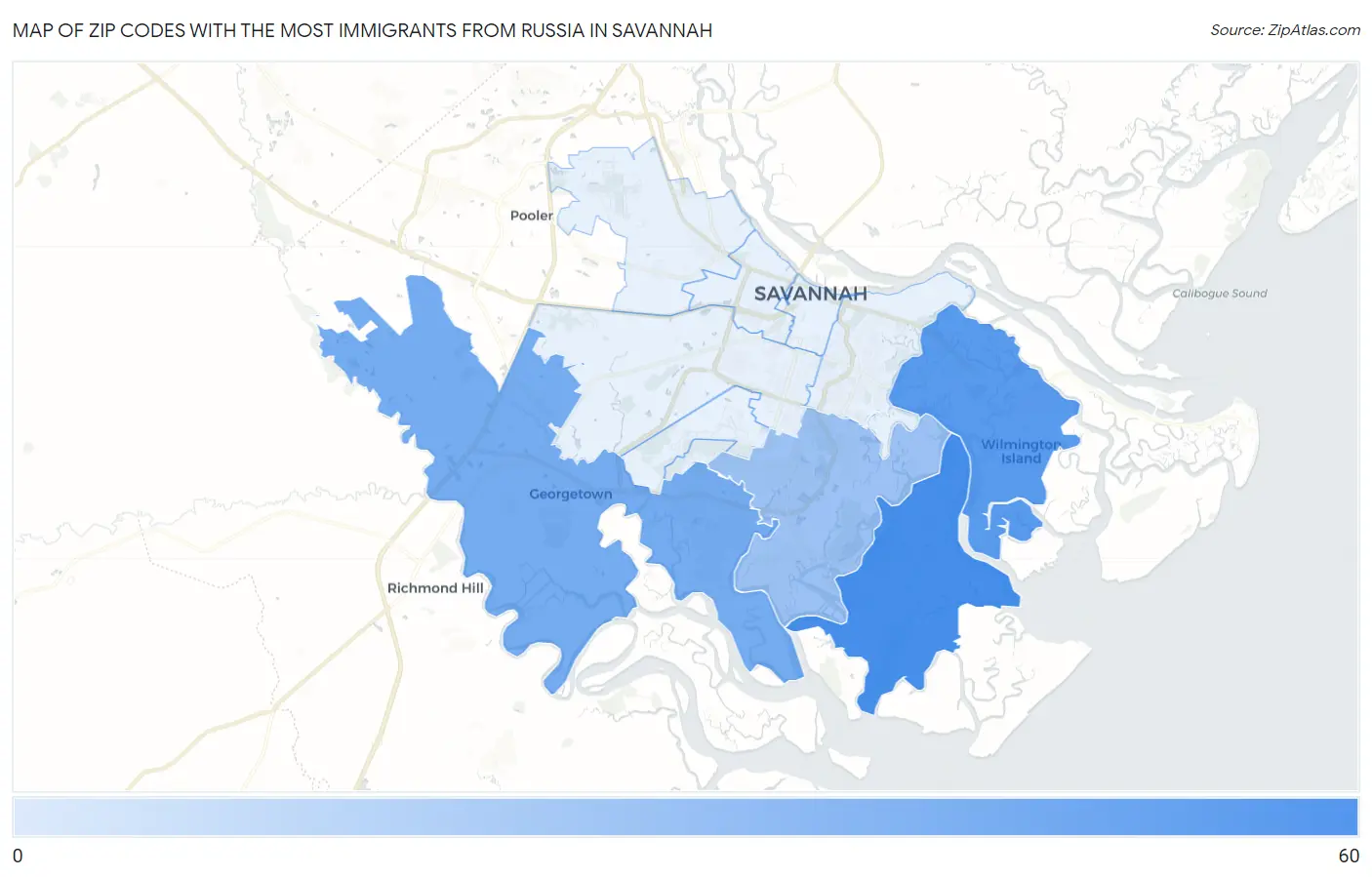 Zip Codes with the Most Immigrants from Russia in Savannah Map