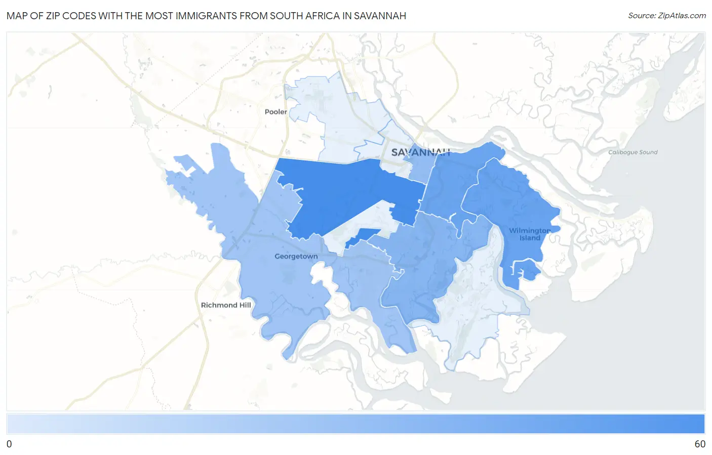 Zip Codes with the Most Immigrants from South Africa in Savannah Map