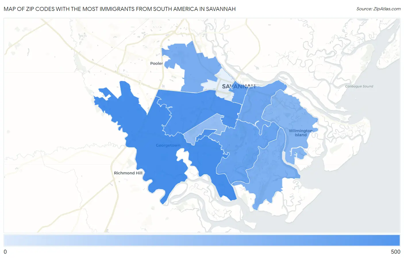 Zip Codes with the Most Immigrants from South America in Savannah Map