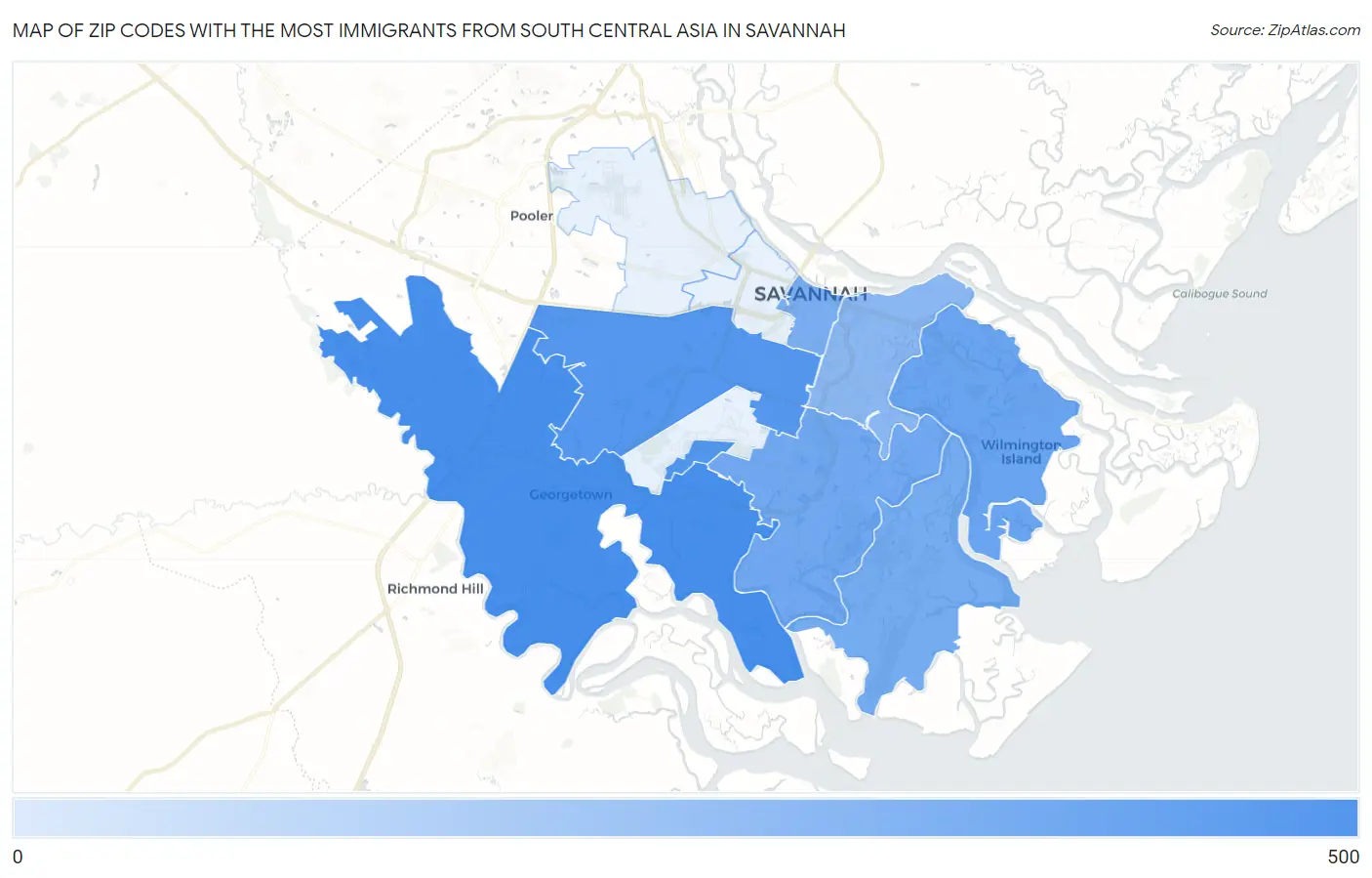Zip Codes with the Most Immigrants from South Central Asia in Savannah Map