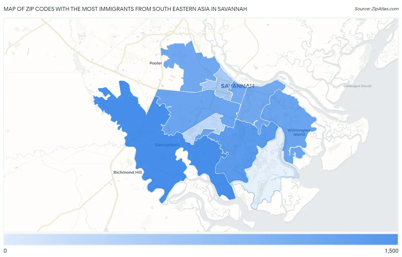 Zip Codes with the Most Immigrants from South Eastern Asia in Savannah Map