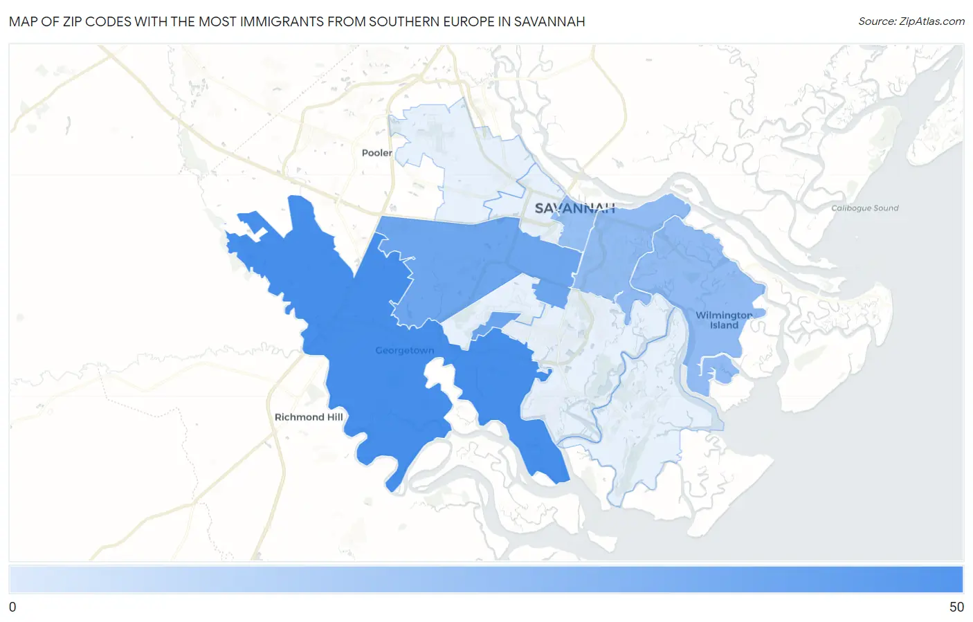 Zip Codes with the Most Immigrants from Southern Europe in Savannah Map