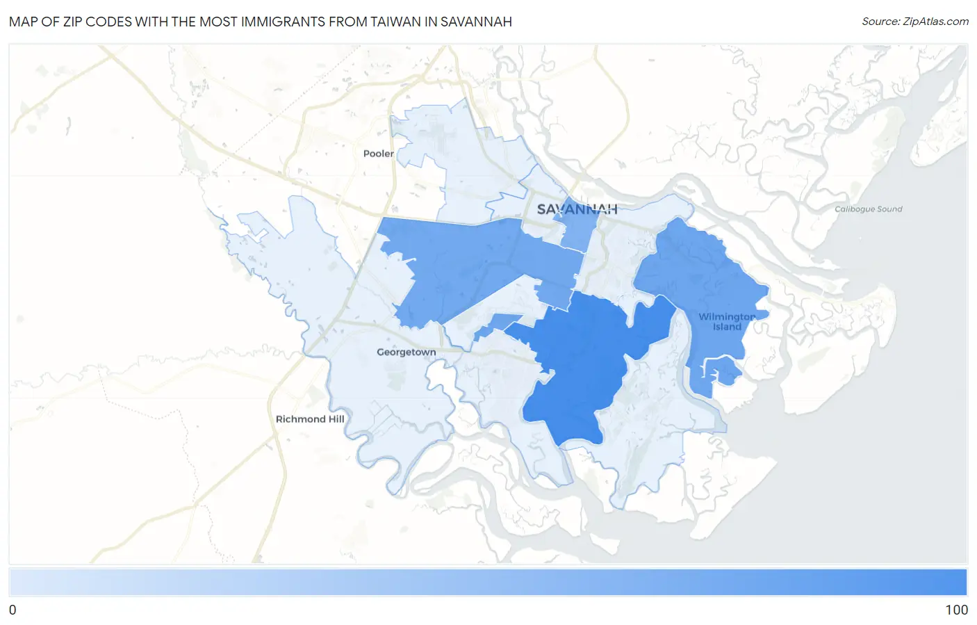 Zip Codes with the Most Immigrants from Taiwan in Savannah Map