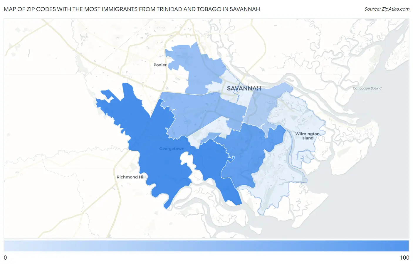 Zip Codes with the Most Immigrants from Trinidad and Tobago in Savannah Map