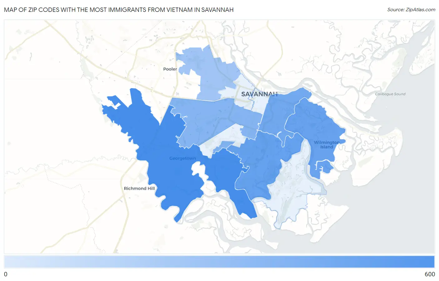 Zip Codes with the Most Immigrants from Vietnam in Savannah Map