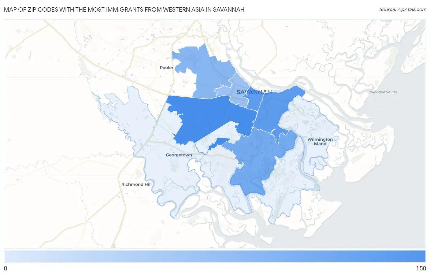 Zip Codes with the Most Immigrants from Western Asia in Savannah Map