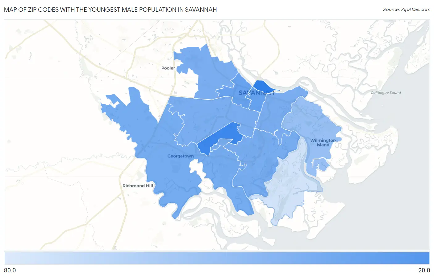 Zip Codes with the Youngest Male Population in Savannah Map