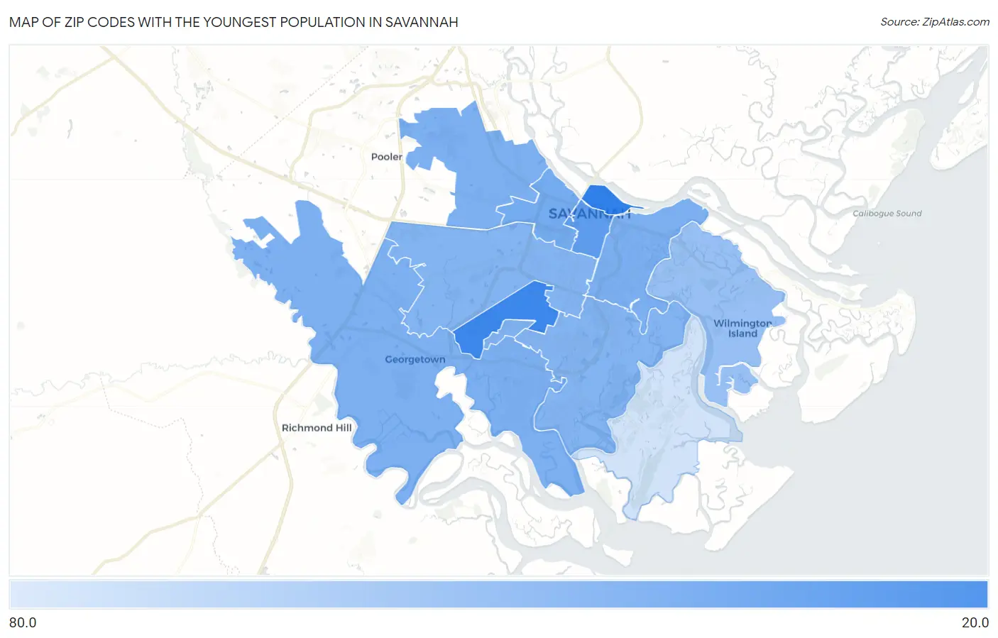Zip Codes with the Youngest Population in Savannah Map