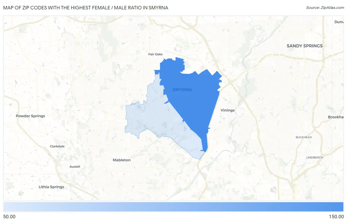 Zip Codes with the Highest Female / Male Ratio in Smyrna Map