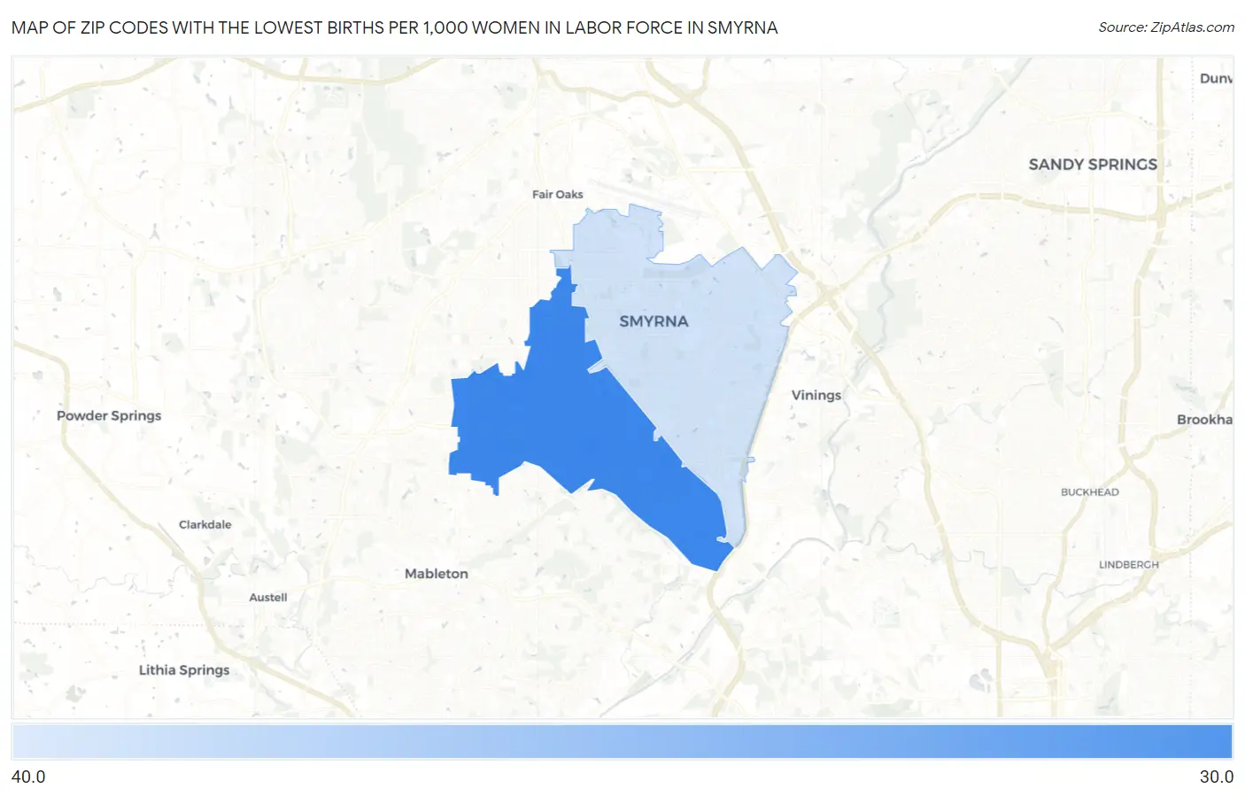 Zip Codes with the Lowest Births per 1,000 Women in Labor Force in Smyrna Map