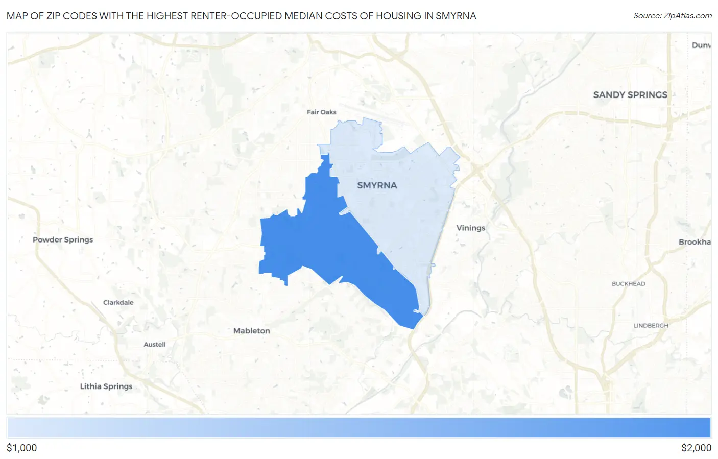 Zip Codes with the Highest Renter-Occupied Median Costs of Housing in Smyrna Map