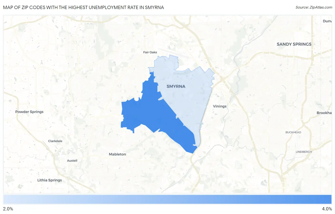 Zip Codes with the Highest Unemployment Rate in Smyrna Map