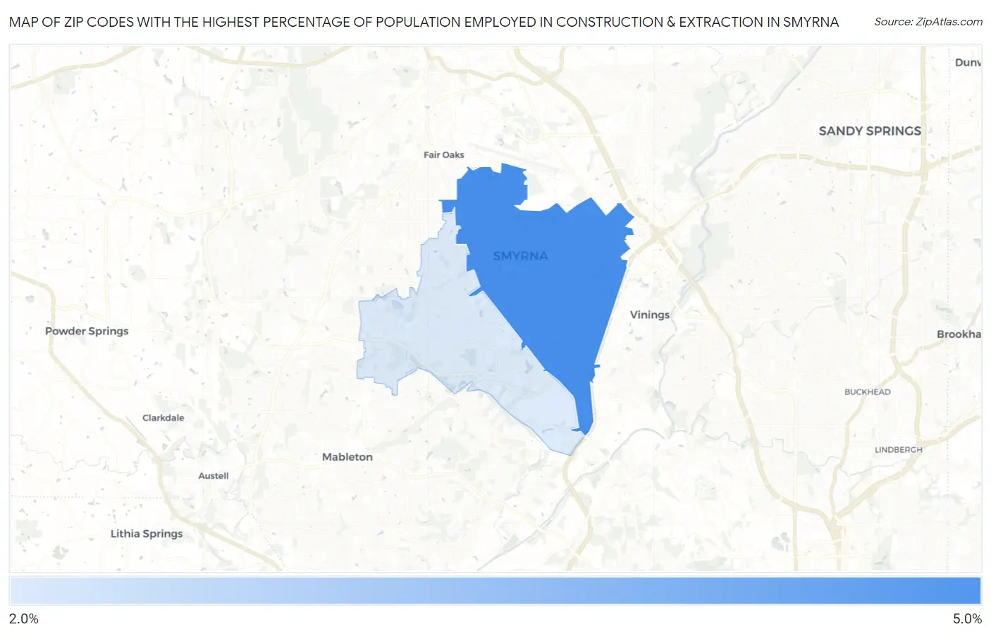 Zip Codes with the Highest Percentage of Population Employed in Construction & Extraction in Smyrna Map