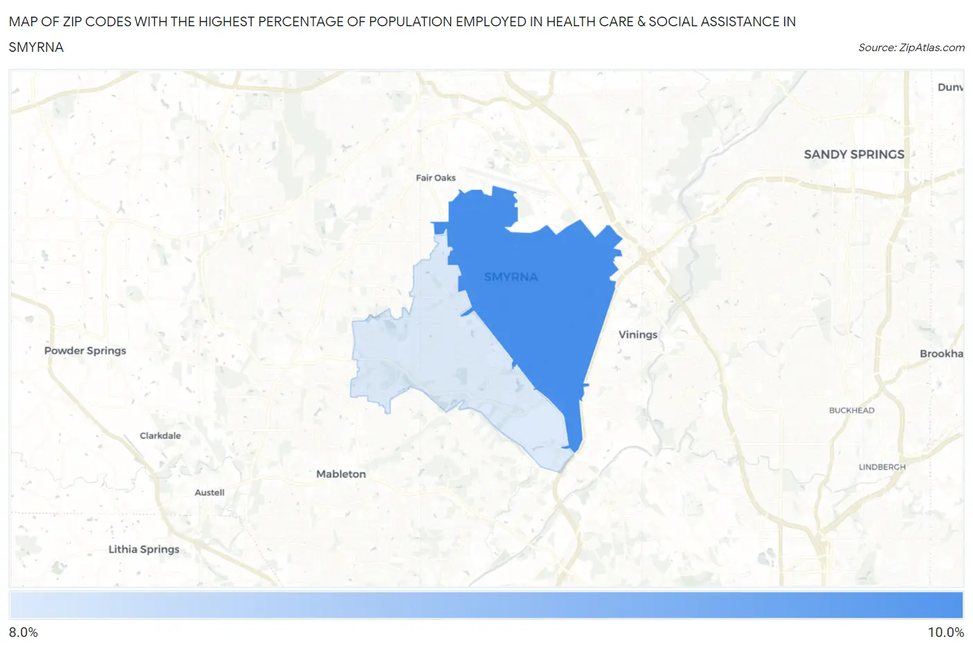 Zip Codes with the Highest Percentage of Population Employed in Health Care & Social Assistance in Smyrna Map