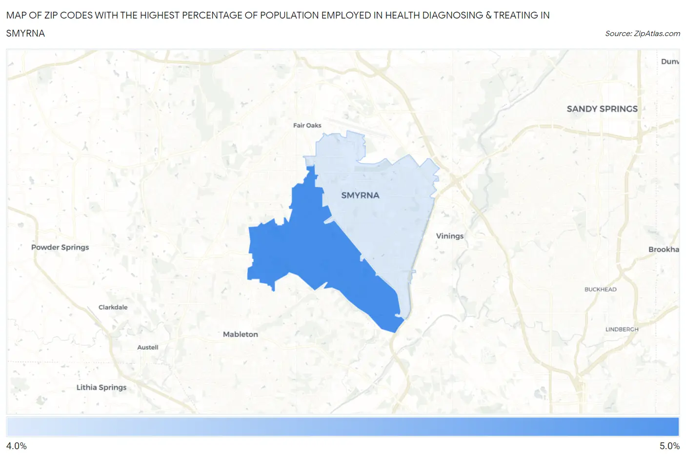 Zip Codes with the Highest Percentage of Population Employed in Health Diagnosing & Treating in Smyrna Map