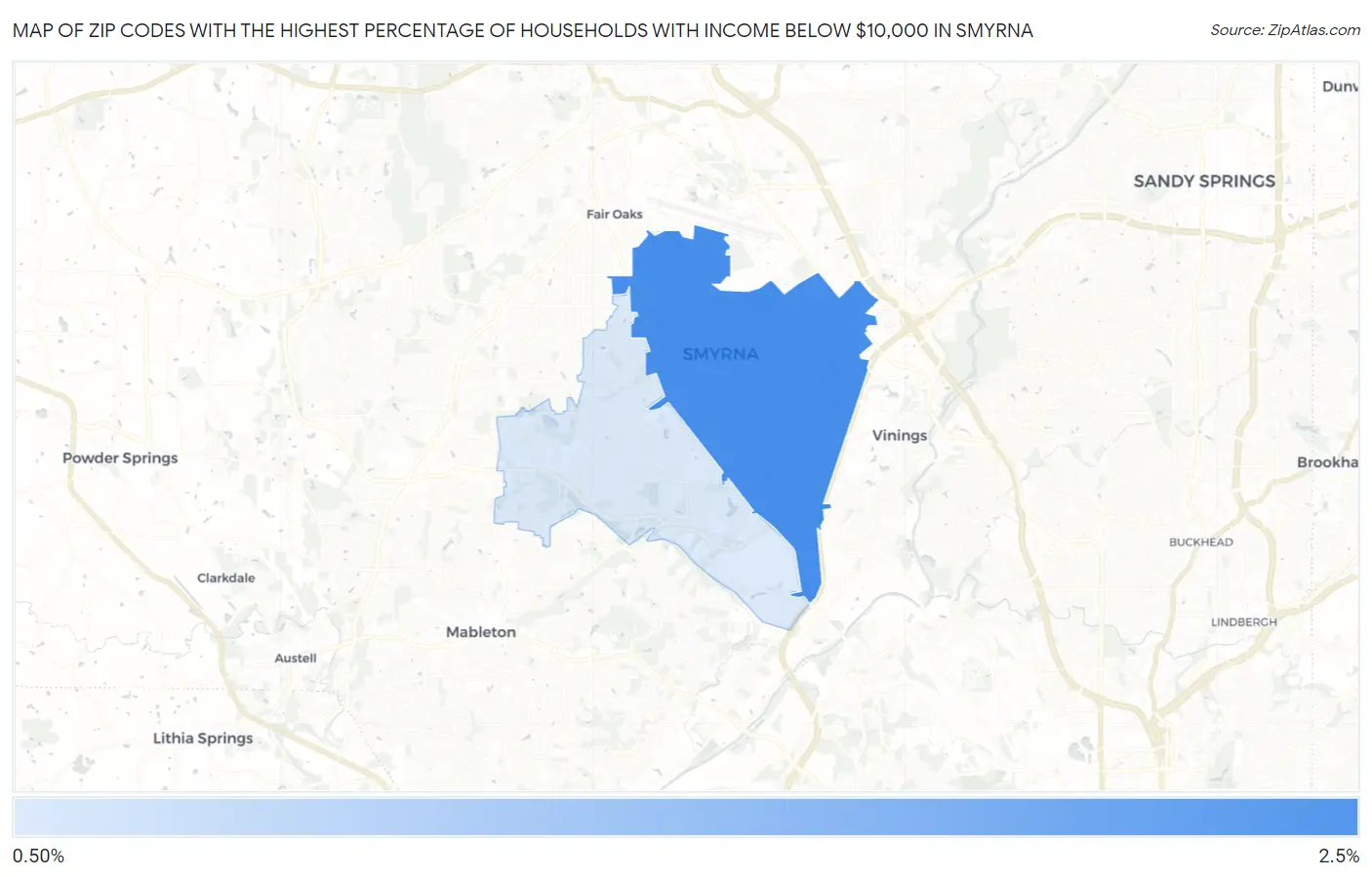 Zip Codes with the Highest Percentage of Households with Income Below $10,000 in Smyrna Map