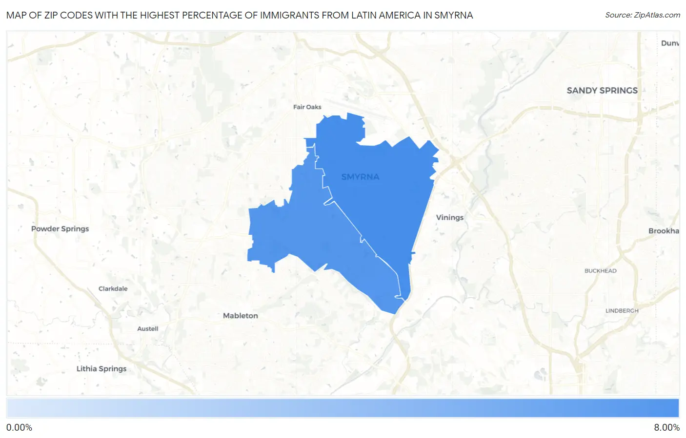 Zip Codes with the Highest Percentage of Immigrants from Latin America in Smyrna Map