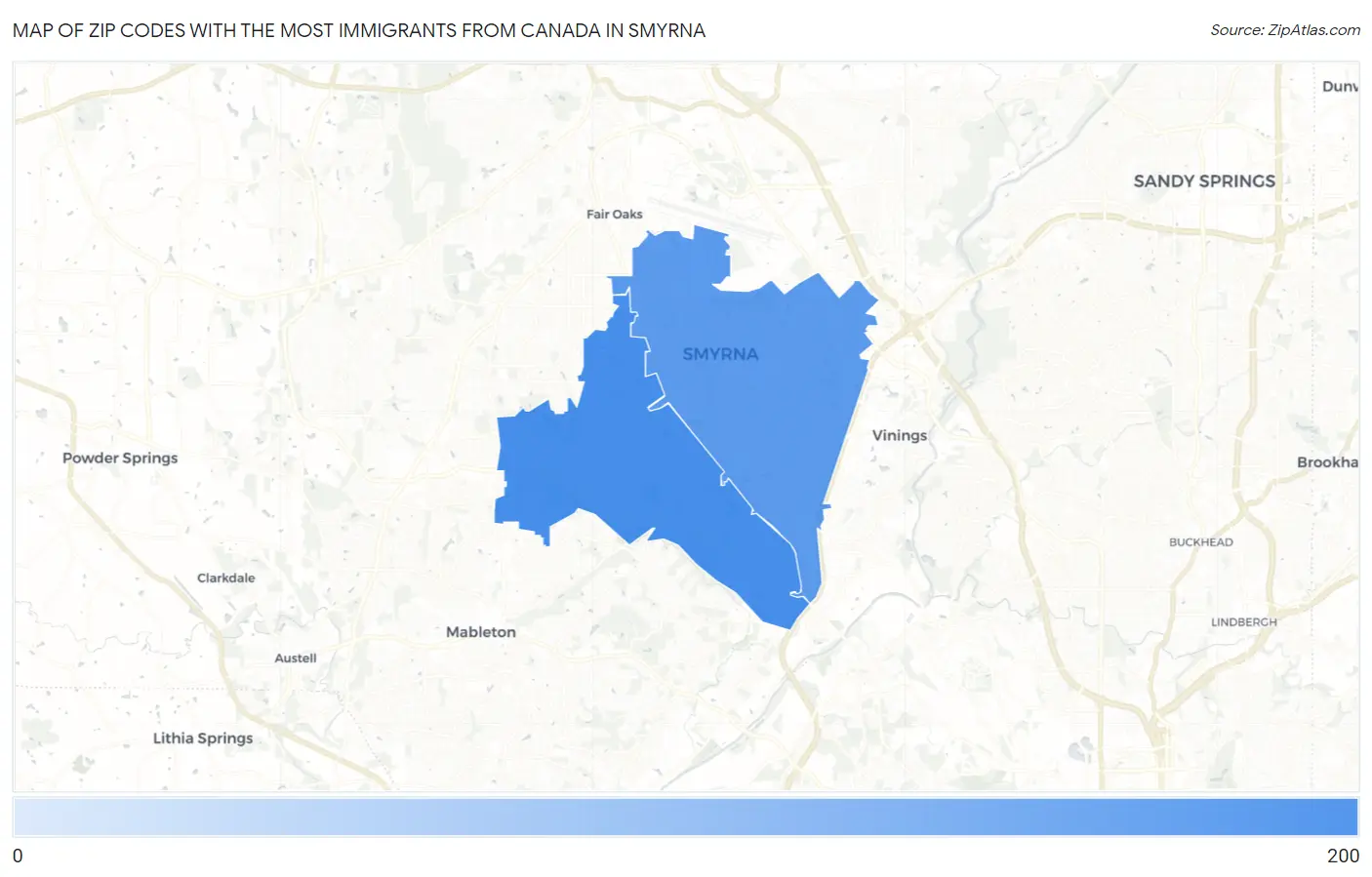 Zip Codes with the Most Immigrants from Canada in Smyrna Map