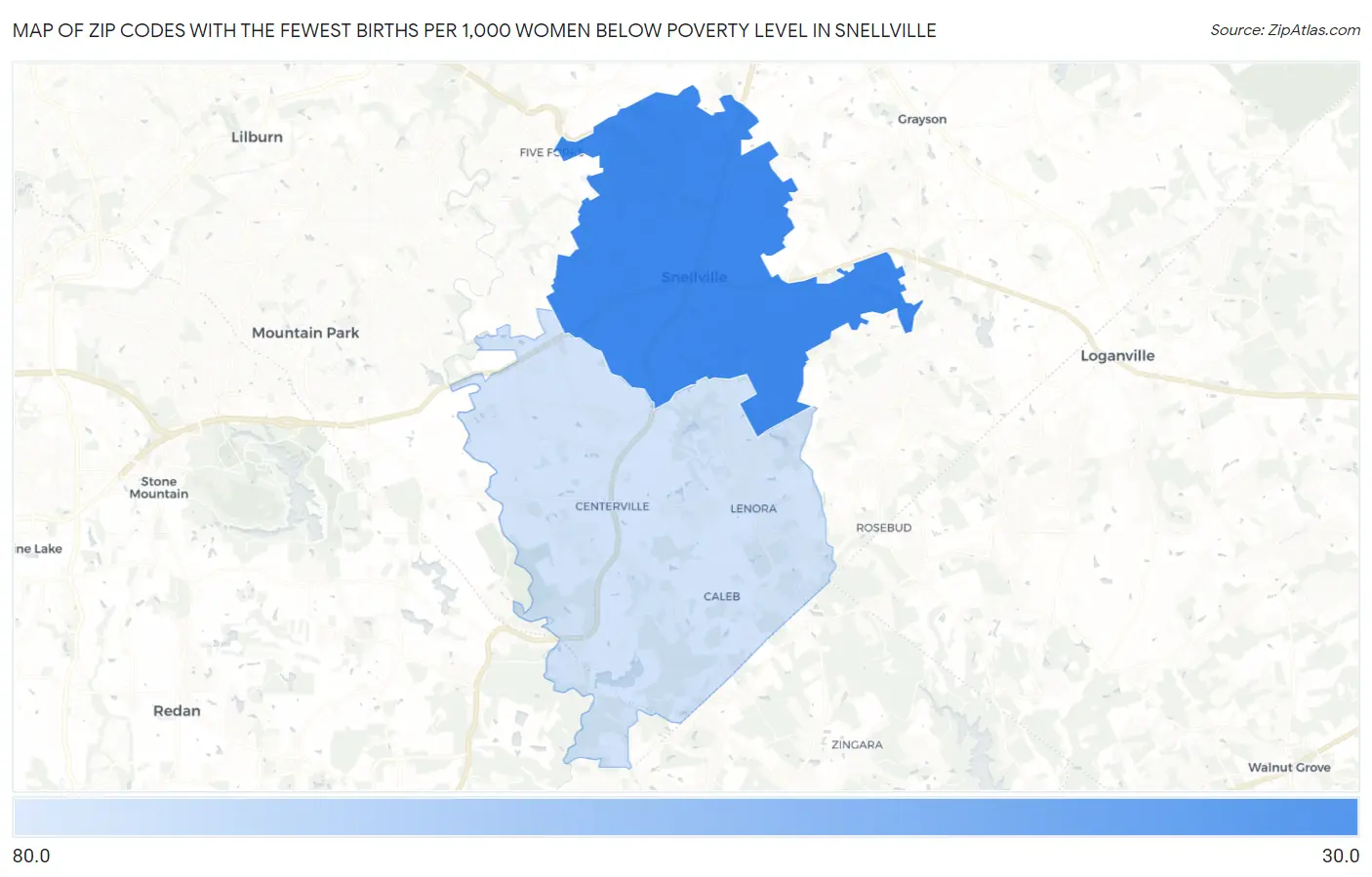 Zip Codes with the Fewest Births per 1,000 Women Below Poverty Level in Snellville Map