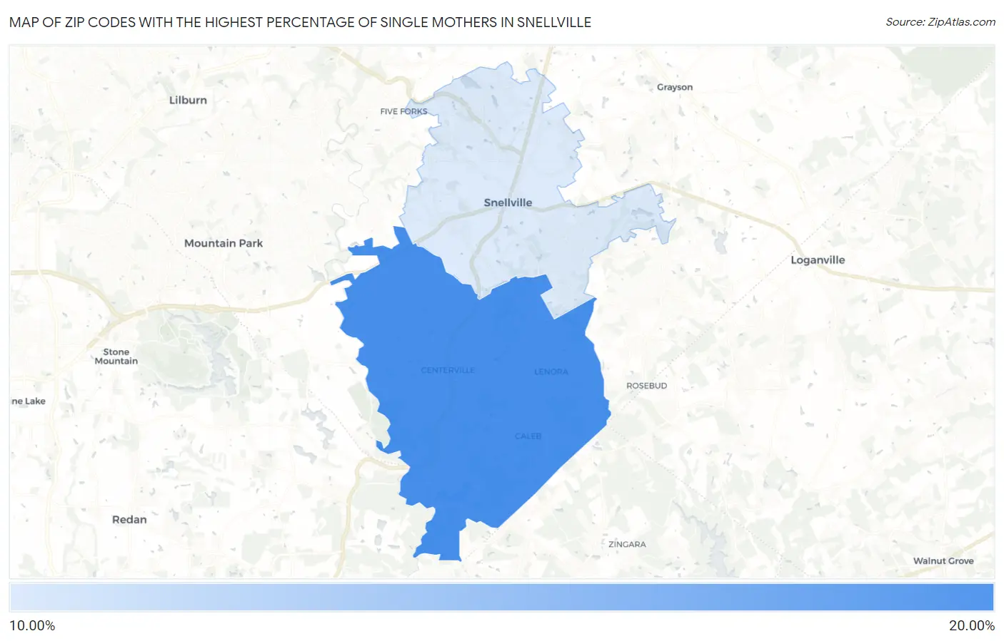 Zip Codes with the Highest Percentage of Single Mothers in Snellville Map