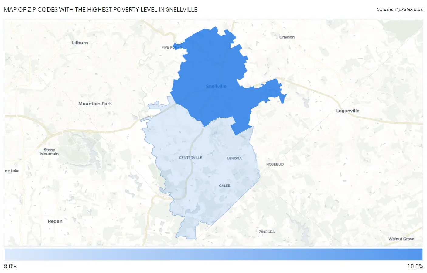 Zip Codes with the Highest Poverty Level in Snellville Map