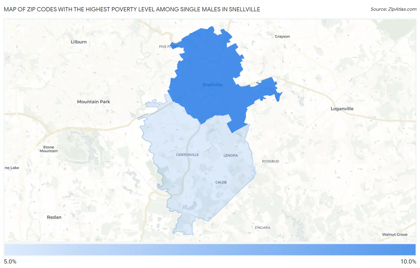 Zip Codes with the Highest Poverty Level Among Single Males in Snellville Map