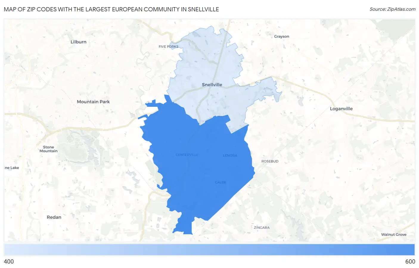 Zip Codes with the Largest European Community in Snellville Map
